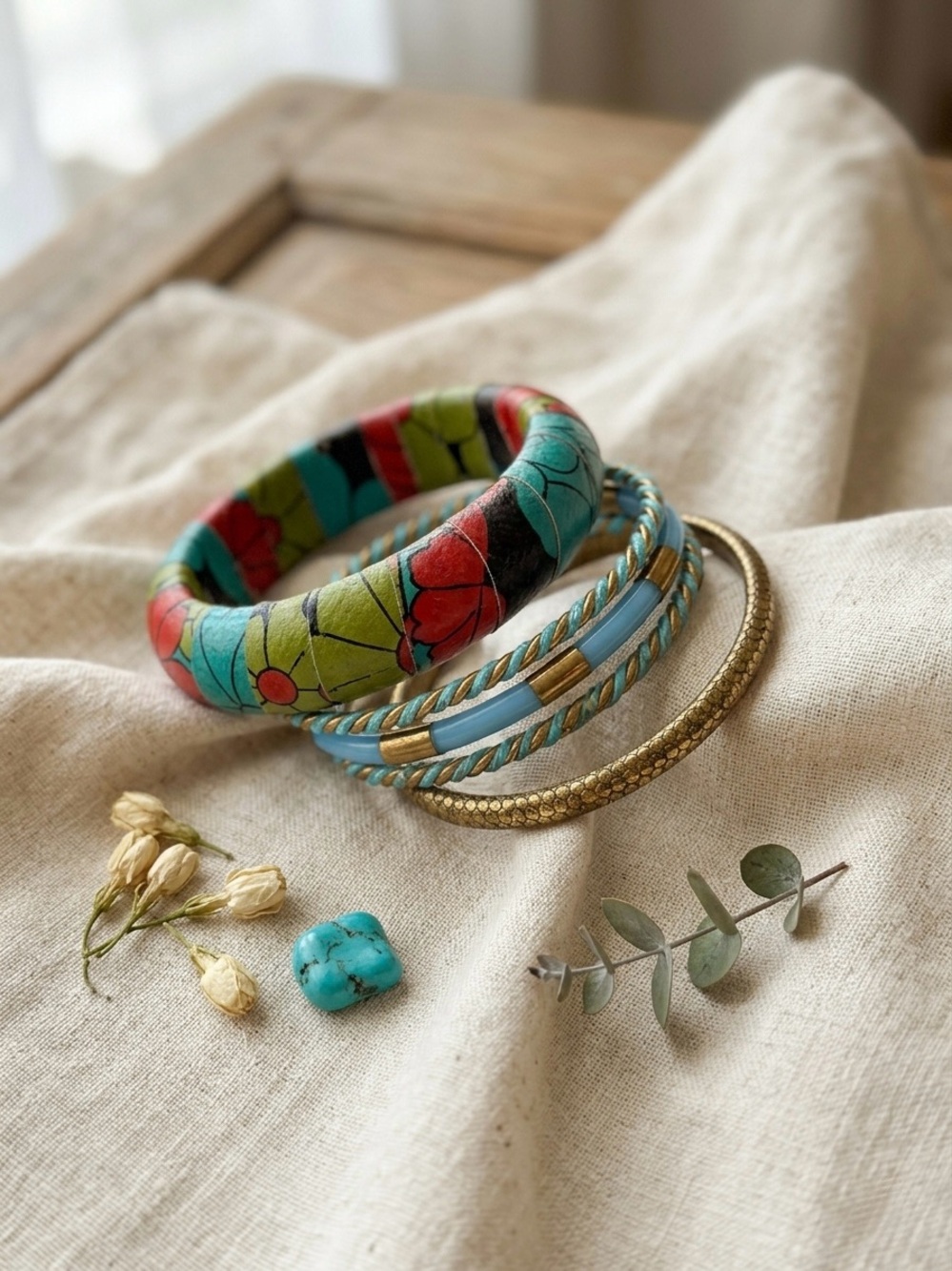Multi-Color Floral & Turquoise Bangle Bracelet Set